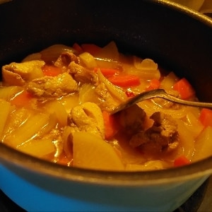 大根とにんじんと骨つき鳥ももぶつ切り肉の煮物